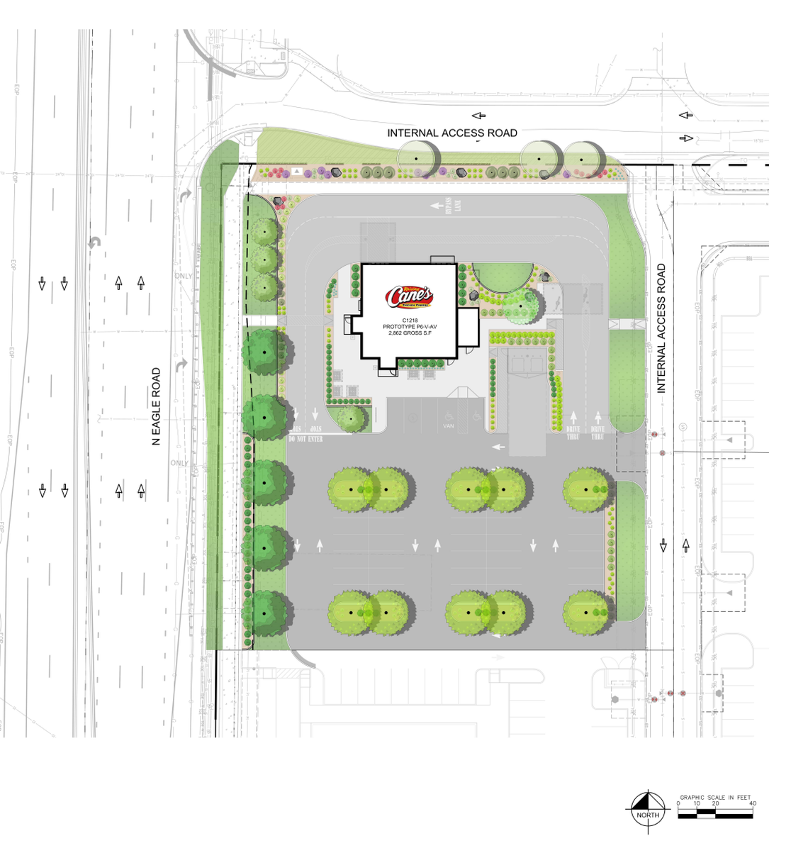 A layout of the Raising Cane’s planned in Meridian shows a drive-thru with two lanes and an additional exit lane. The restaurants’ queuing plan provides space for up to 45 cars on-site in the drive-thru.