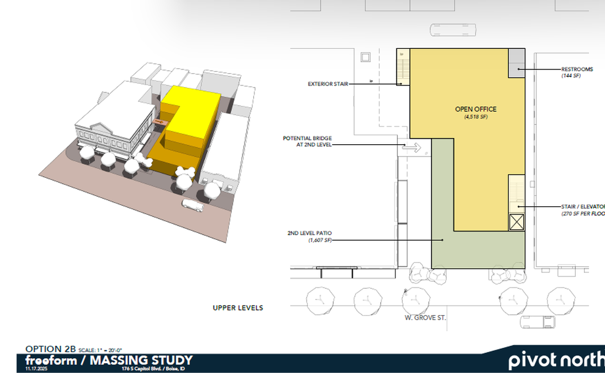 The expanded Freeform office in yellow would sit what’s now a parking lot between the existing office and Bardenay, a restaurant and distillery.