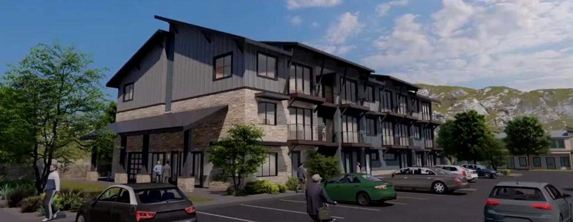 A rendering of one of the first apartment buildings at Limelight Village, which is nearing completion. The developer’s application to rezone an adjacent property to build more apartments was approved Tuesday, July 12.
