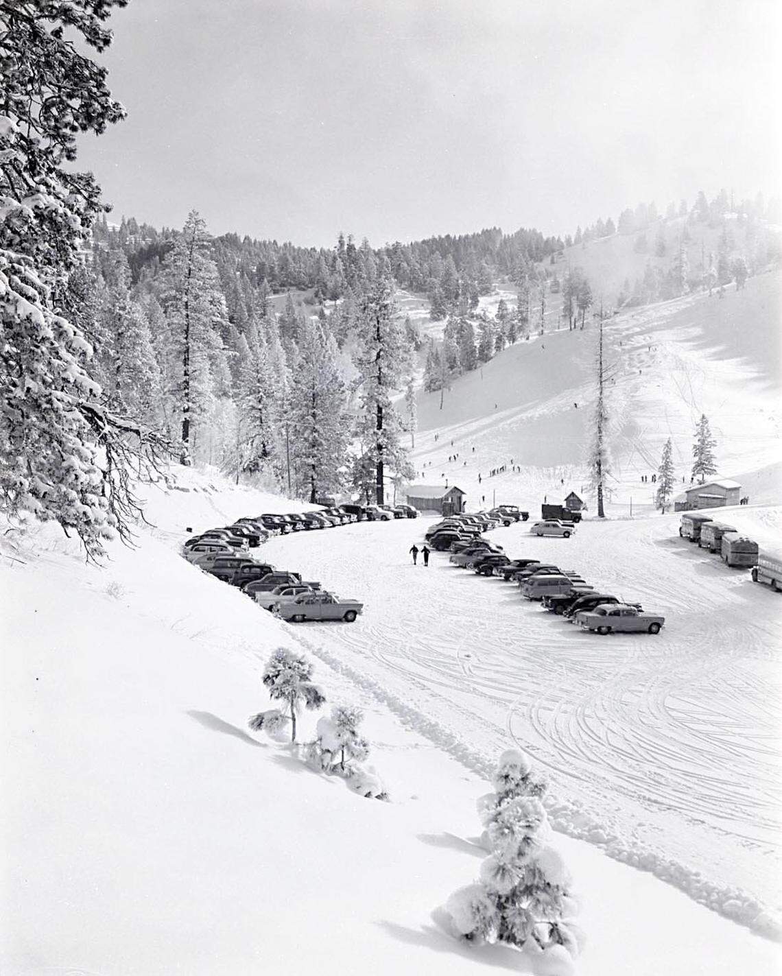 This 1955 photo shows cars parked at what remains Bogus Basin’s main parking lot.