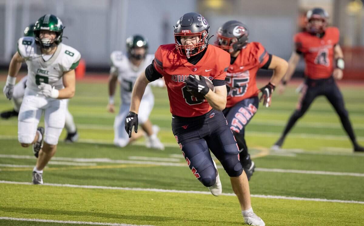 Owyhee tight end Ryan Brekke breaks off a long catch and run against the Eagle defense during the game at Owyhee High School in Meridian, Friday. Oct 3, 2025. Eagle defeated Owyhee 34-20.