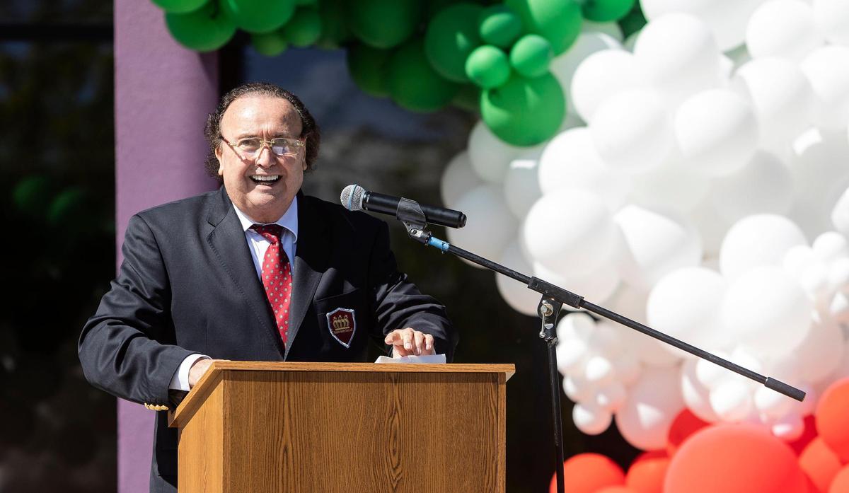 Enrique Michel Velasco, owner of Dulces de La Rosa and donor of the Mexican Independence Bell replica, speaks at the bell’s inauguration.