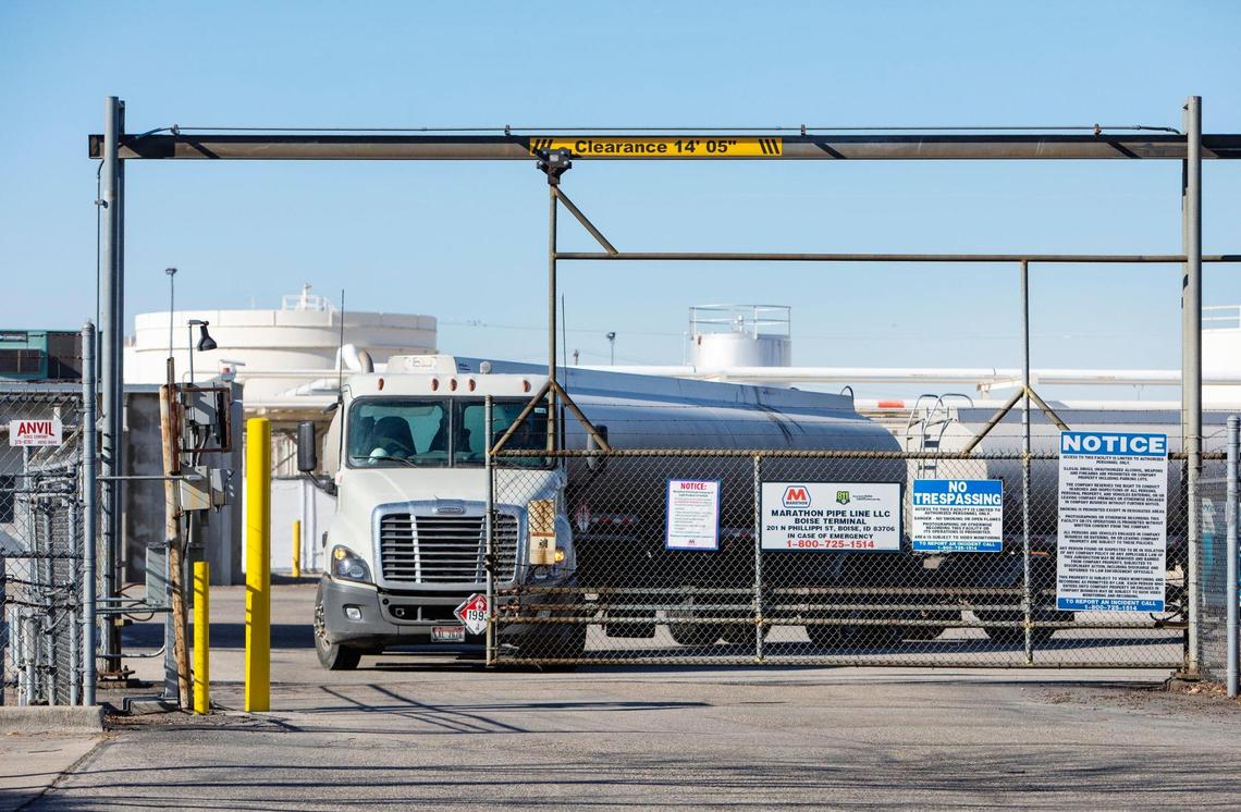 A gas truck leaves after filling up its tanks in Boise at the Marathon Petroleum Corp. terminal on Phillippi Street. Gasoline for the Boise market comes through a Marathon pipeline from Salt Lake City.