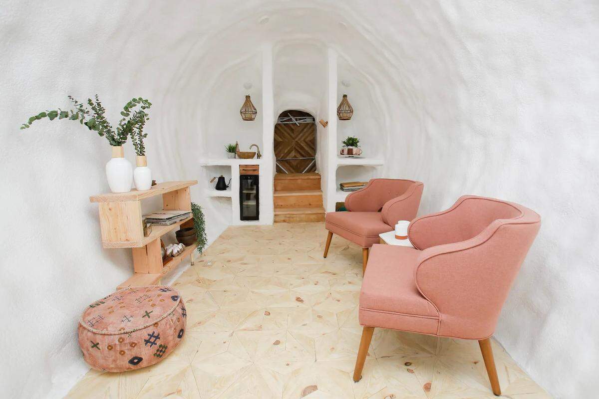 The hollow interior of the six-ton potato in which guests will stay in.