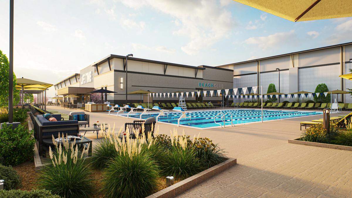 A rendering of Life Time’s “Beach Club” set to come to Eagle in 2026, complete with a lap pool and a “leisure” pool.