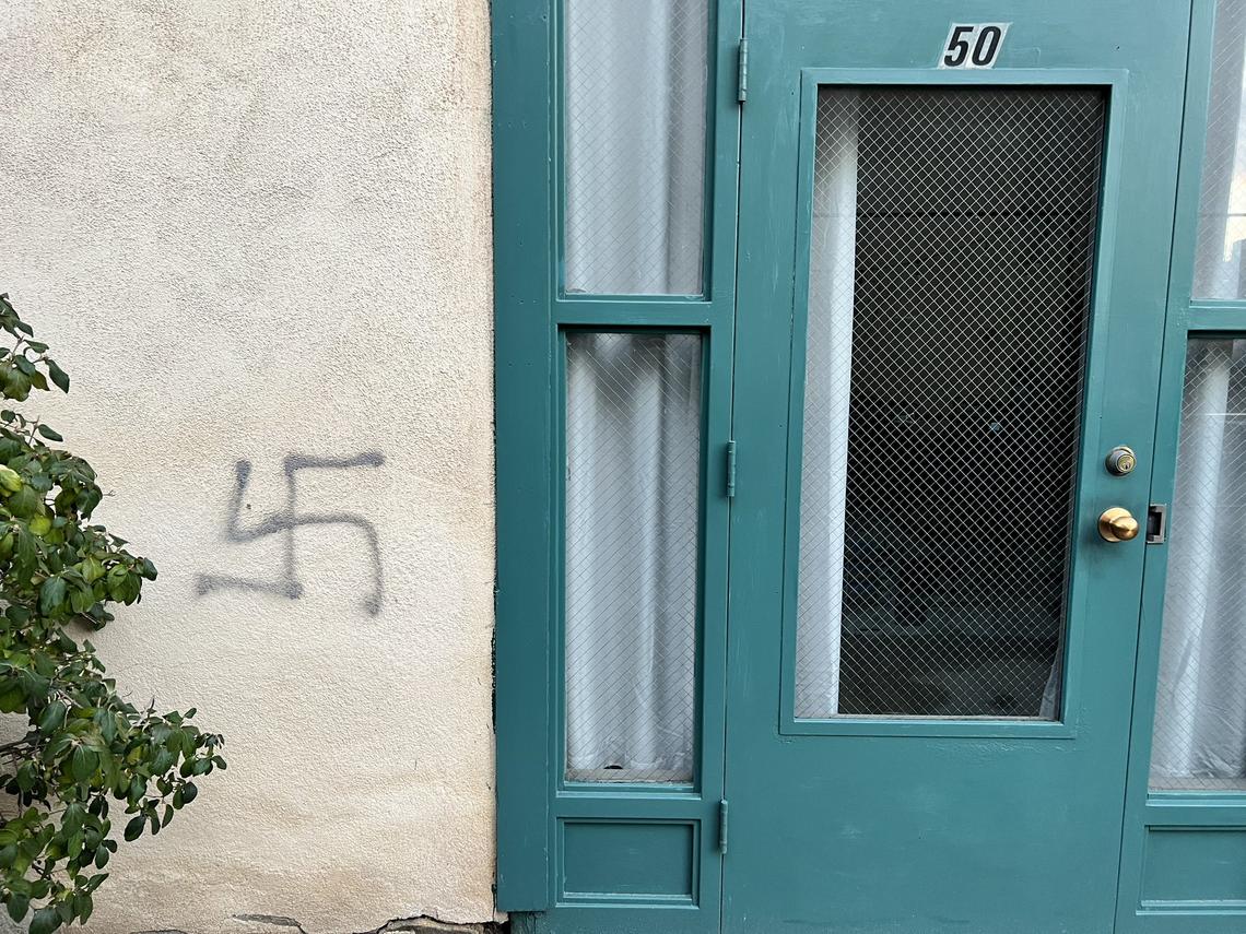 A swastika was spray painted on a wall at the Idaho Building in downtown Boise on the evening of Friday, Nov. 12, 2021.