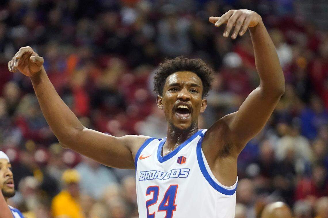 Boise State forward Abu Kigab reacts during the second half of a game against Wyoming in the semifinals of the Mountain West men’s tournament March 11 in Las Vegas.