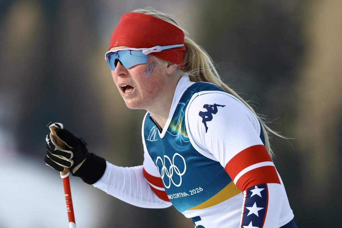 USA's Sammy Smith competes during the women's cross country sprint classic qualification event of the Milano Cortina 2026 Winter Olympic Games at Tesero Cross-Country Skiing Stadium in Lago di Tesero (Val di Fiemme), on February 10, 2026. (Photo by Anne-Christine POUJOULAT / AFP via Getty Images)