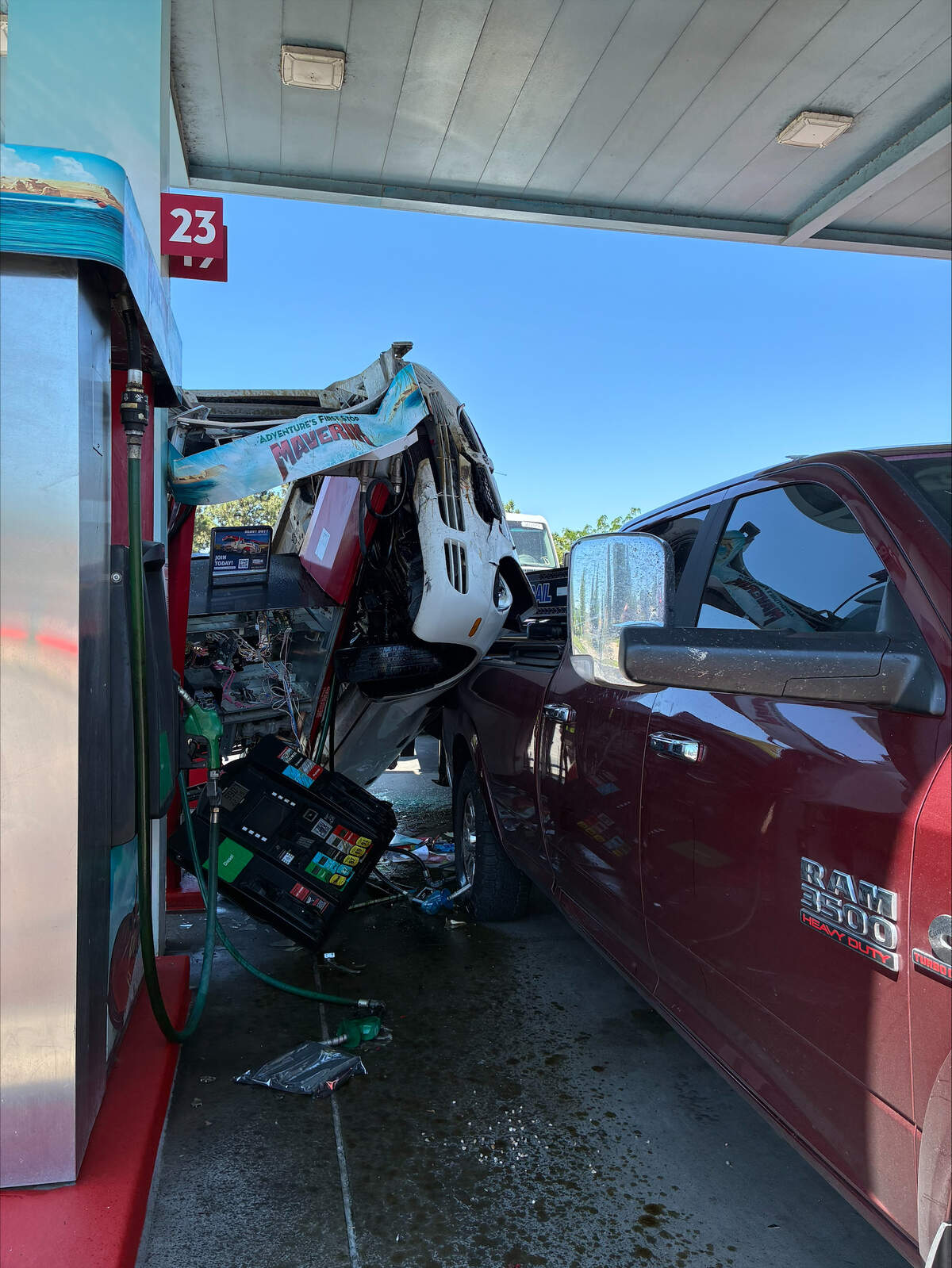 A car ended up wedged between another vehicle and a gas pump after an accident Tuesday afternoon in Caldwell.