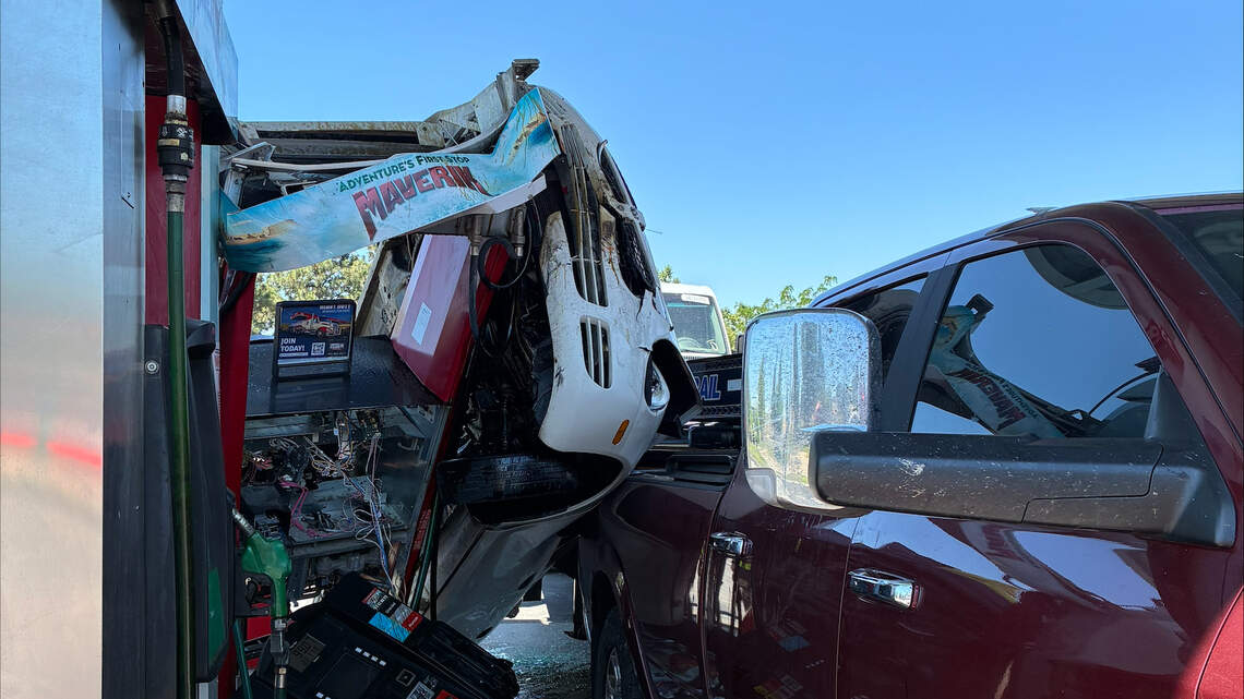 Chain-reaction crash in Idaho sends car slamming into gas station fuel pump
