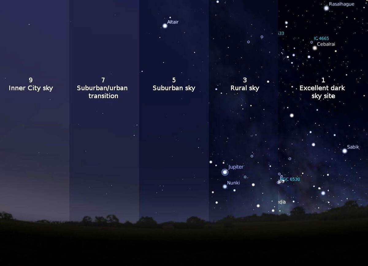 Infographic showing the difference between the night skies of cities of various sizes