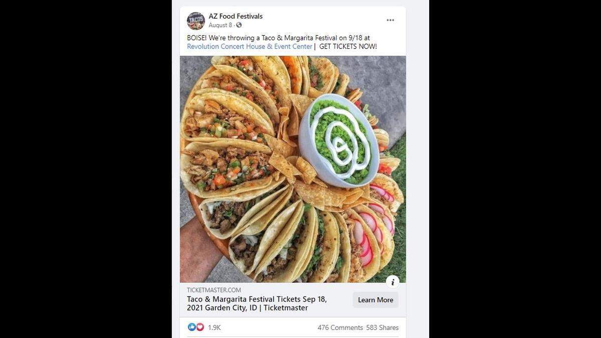 A Facebook post by AZ Food Festivals promoting its Taco & Margarita Festival scheduled for Saturday, Sept. 18, 2021, at the Revolution Concert House and Event Center in Garden City.