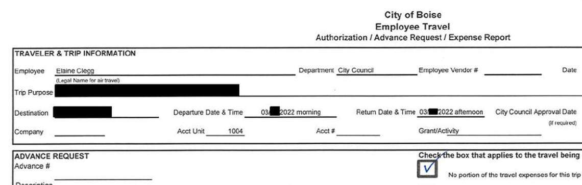 A copy of a travel request submitted by Boise City Council President Elaine Clegg. It includes many redactions about when, where and why the trip is happening.
