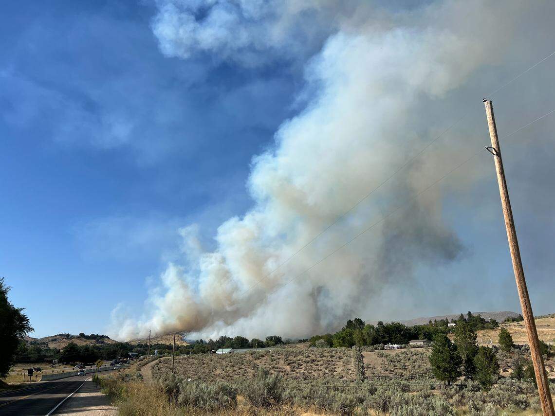 A wildfire in the Eagle area on Monday afternoon started west of Idaho 55 but was spreading to the east.