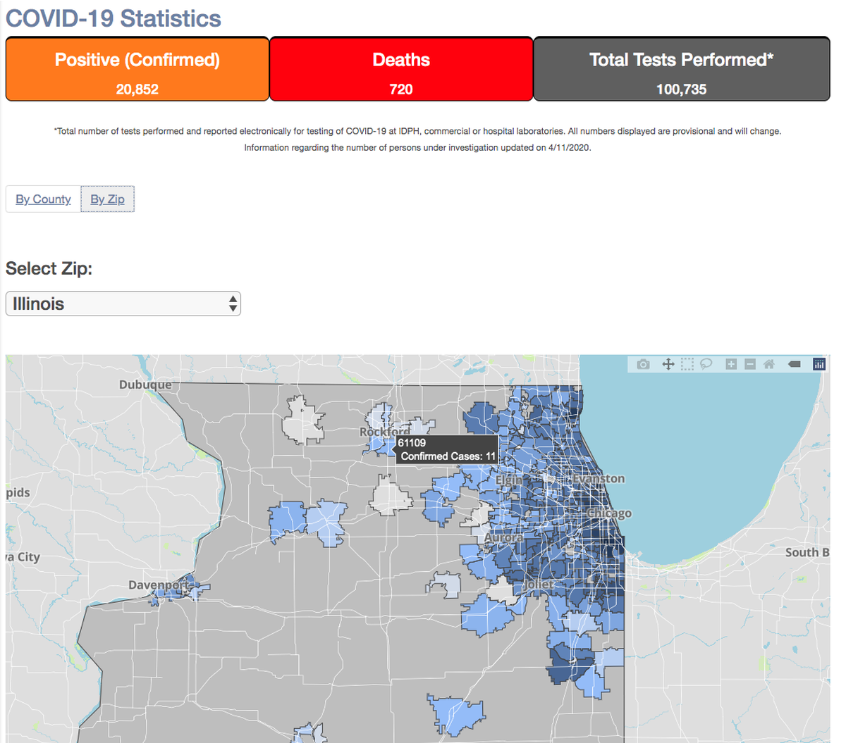 Illinois displays coronavirus infections by zip code.