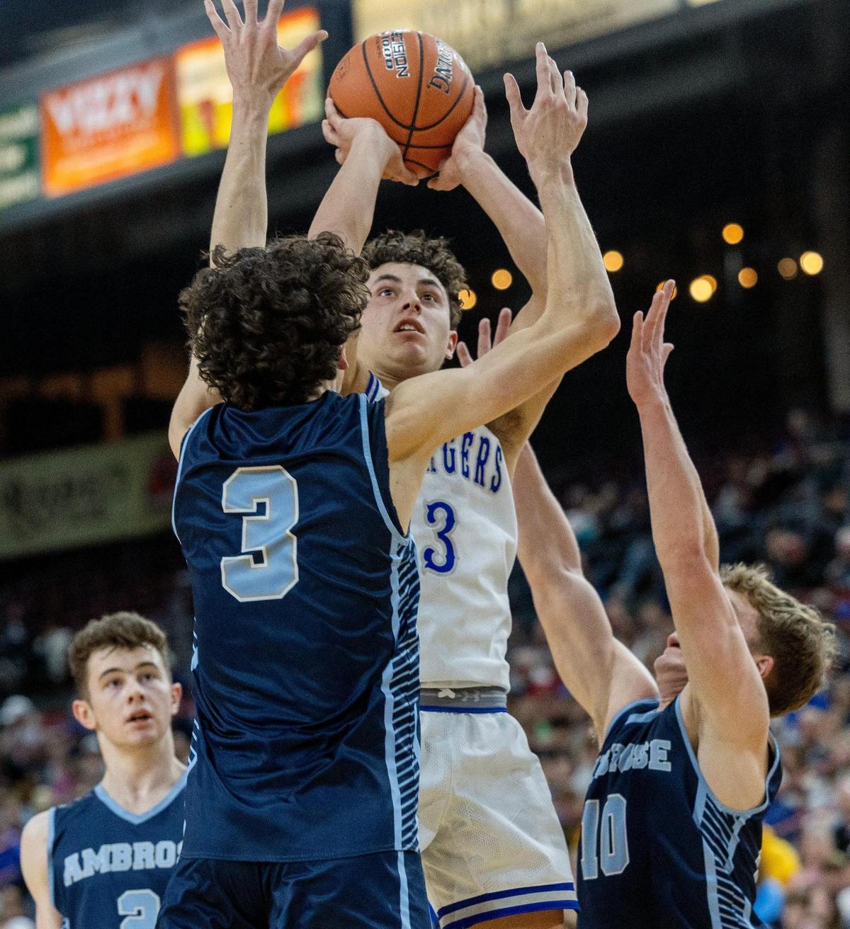Cole Valley sophomore Isaiah Holsinger shoots in the first half of their game against Ambrose for the 2A state championship title, Saturday March 2, 2024 at the Ford Idaho Center. Ambrose won 46-43.