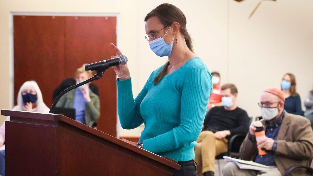 Katy Decker, president of the Veterans Park Neighborhood Association, provides testimony on how a proposed homeless shelter would impact the residents of the area. Her association claims homeless people are more likely to be sex offenders, despite a lack of data.