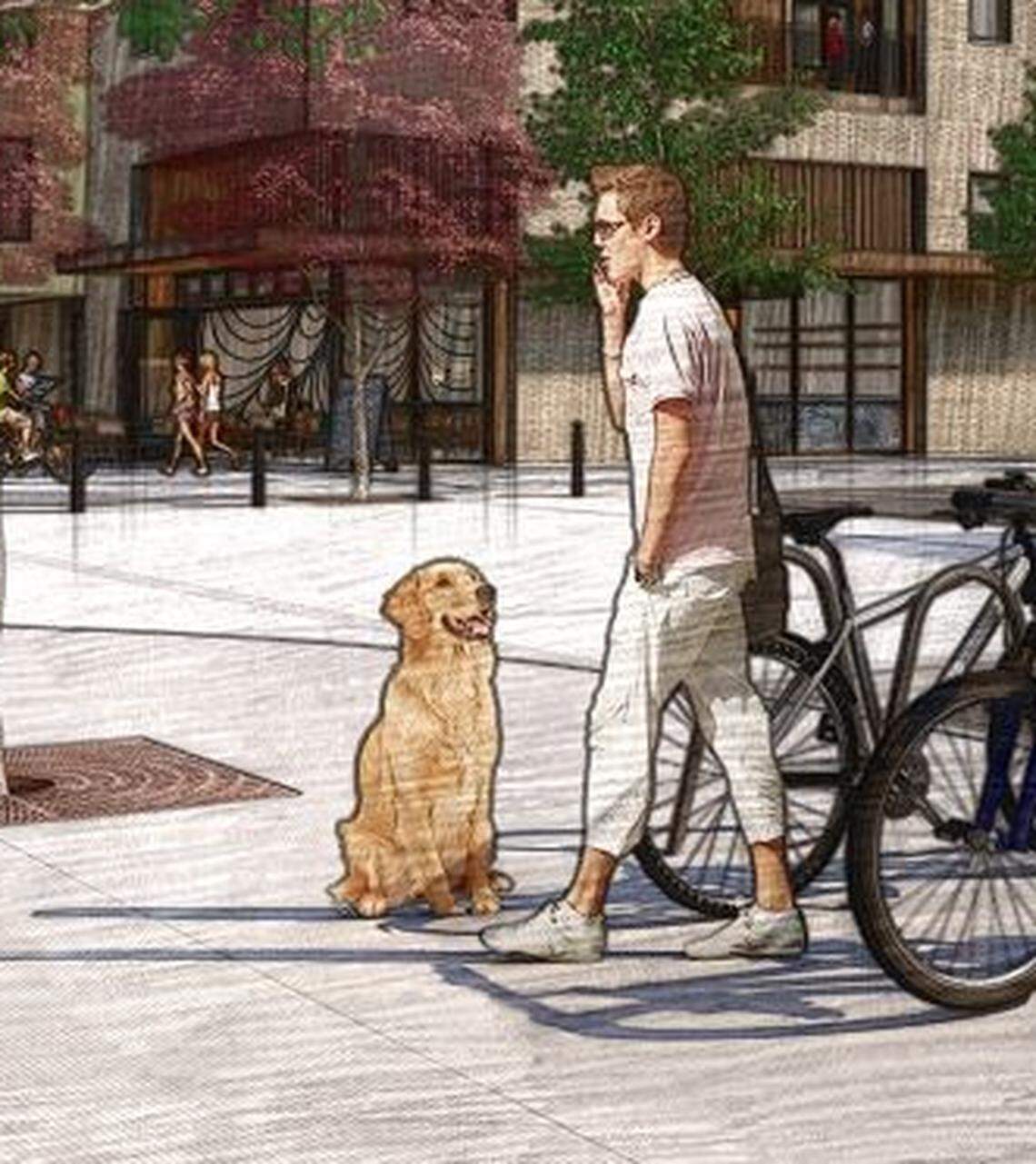 Above, views of the retail hub that would anchor the approved Molinari Park