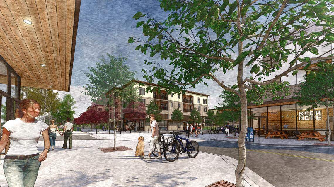 Revised plans for Molinari Park bring the project further in line with Eagle’s design codes. Above, views of the retail hub that would anchor the development.