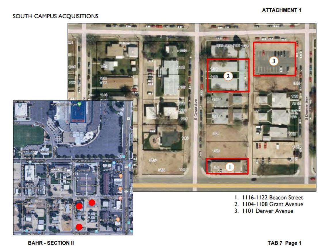 A map of the three pieces of land Boise State is attempting to acquire for its baseball field.