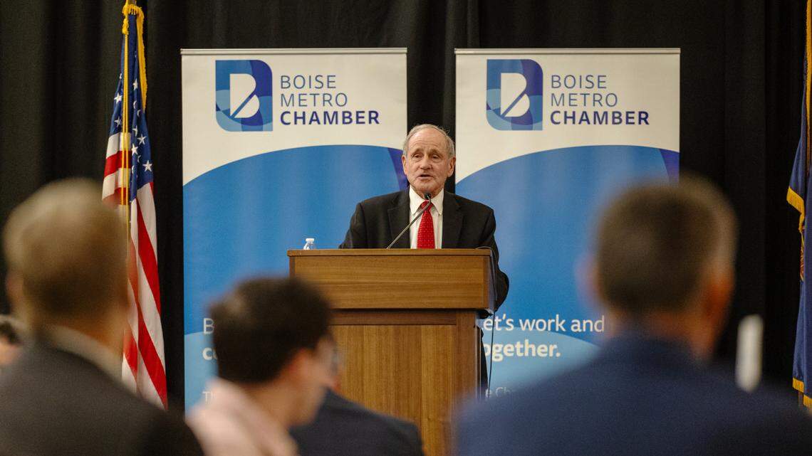 U.S. Sen. Jim Risch, R-Idaho, gave the keynote speech during a Boise Metro Chamber event in November 2023 at The Riverside Hotel in Garden City. Sen. Mike Crapo, R-Idaho, is scheduled to speak there Monday.
