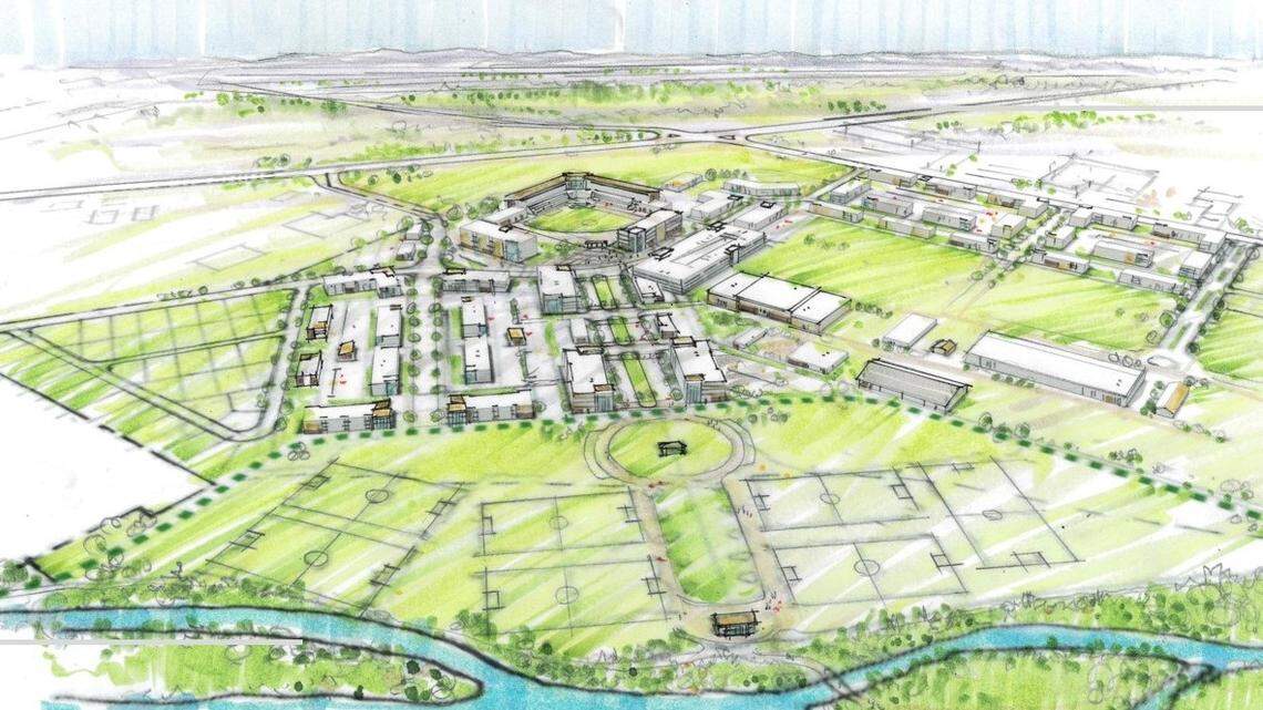 Ball Ventures Ahlquist, Agon Sports and Greenstone Properties expect to spend $400 million redeveloping Expo Idaho in Garden City. Early plans call for demolition of Memorial Stadium, where the Boise Hawks play, and replacing it with a new stadium. This view looks southwest, with the intersection of Chinden Boulevard and Glenwood Street in the distance.