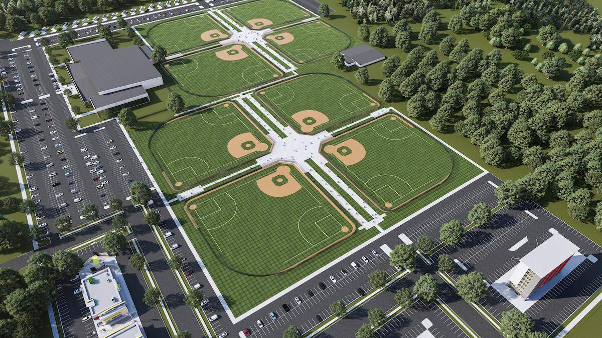 A computer-generated rendering shows how baseball fields could be configured at the proposed youth sports complex.