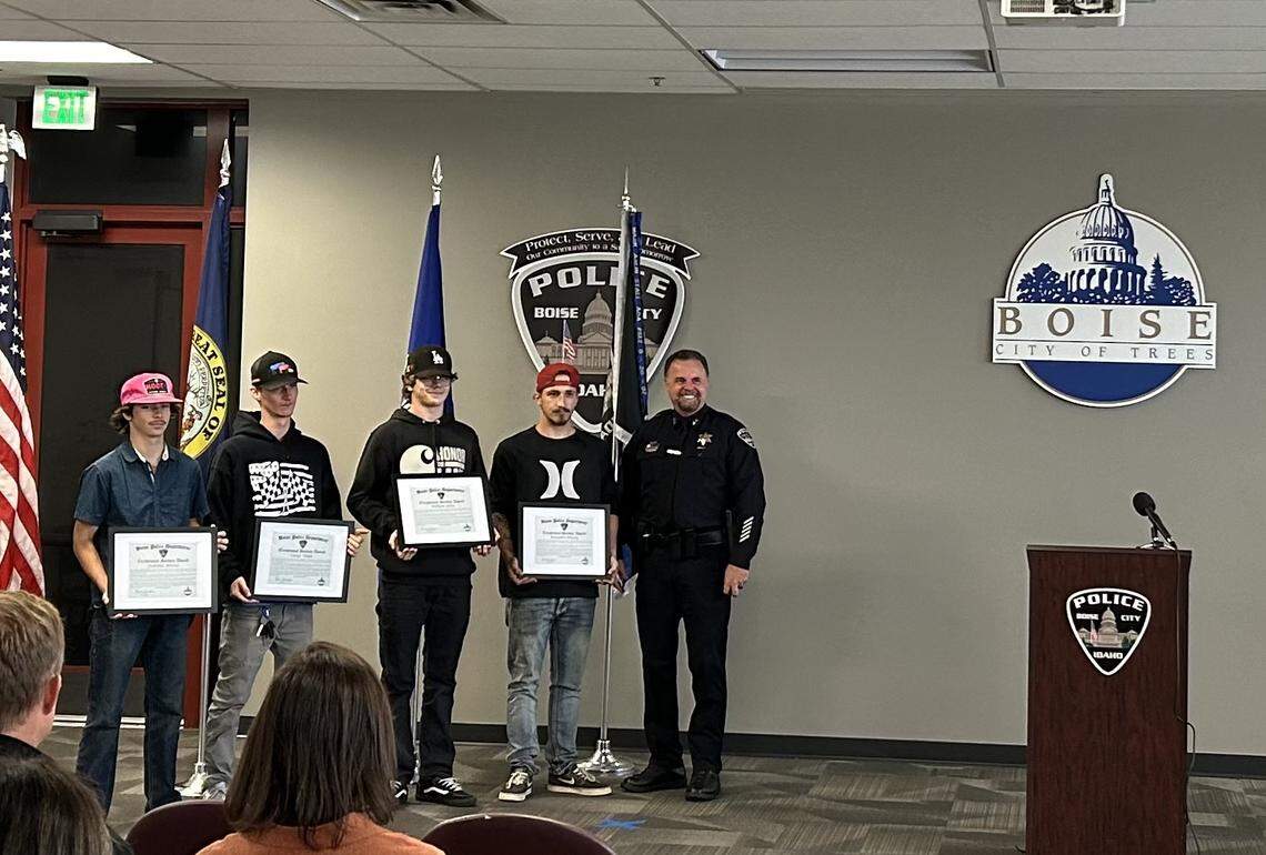 Boise Police Chief Winegar honored a group of young men, from left, Dominic Brown, Lucas Vitale, William Ginn and Brayden Hussey. They pursued and helped to apprehend a suspected drunken driver in June.