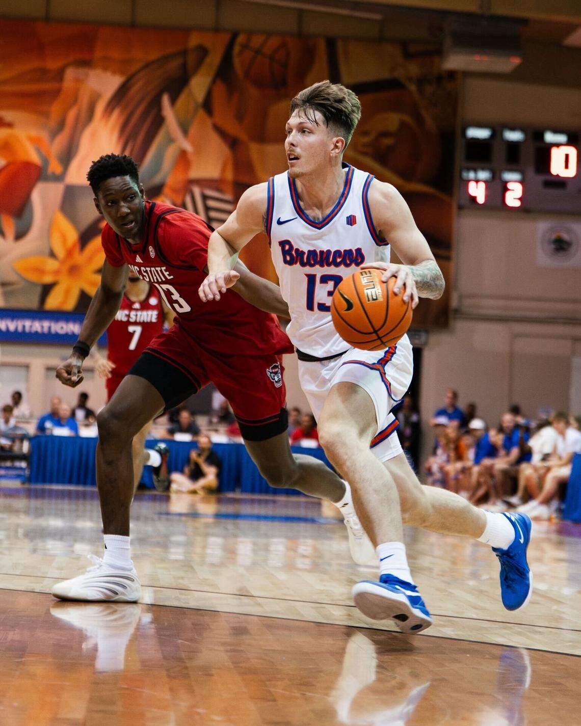 Boise State junior forward Andrew Meadow drives against N.C. State on Tuesday in the Broncos’ 81-70 loss at the Maui Invitational.