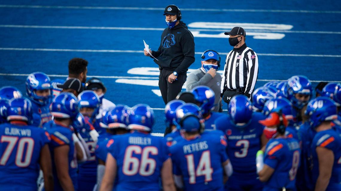 Boise State football coach Bryan Harsin leads the Broncos against Mountain West foe Utah State on Saturday, Oct. 24, 2020, at Albertsons Stadium in Boise. The game was the Broncos’ season opener, and came with no fans in the stands.
