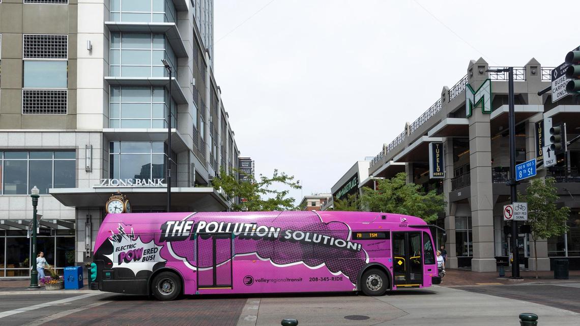 A near-silent electric bus embarks on a route from downtown Boise after stopping for passengers. Valley Regional Transit added eight more electric buses after being awarded a $17.4 million federal grant.