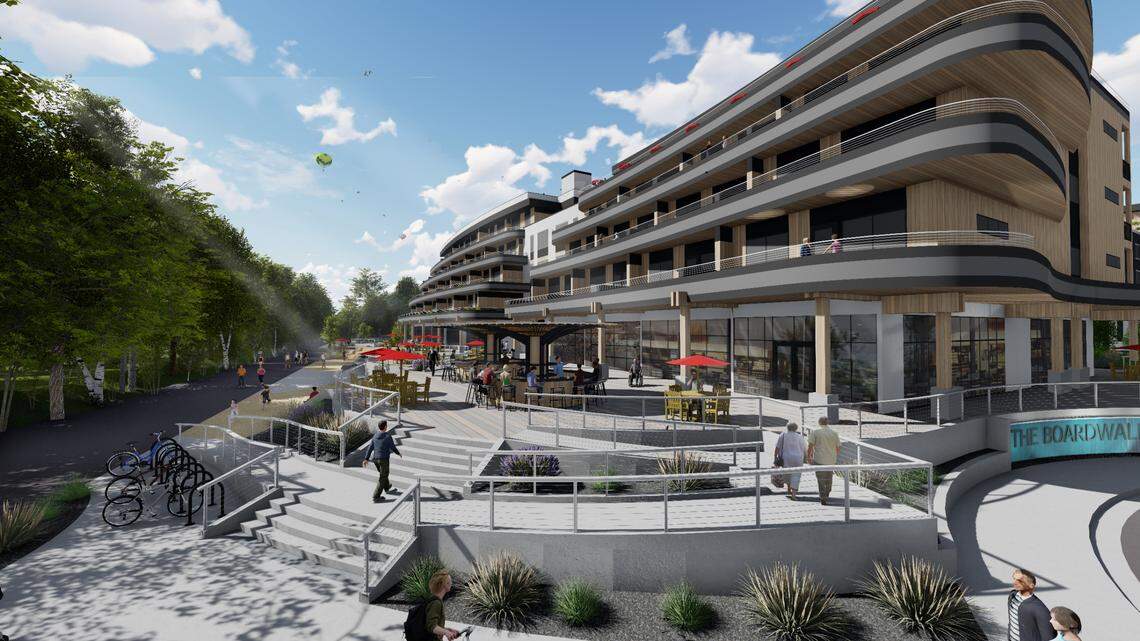 This rendering shows the future view of the Boardwalk, a mixed-use development project with three apartment buildings and restaurants in Garden City. The three new buildings are the beginning of Vida Properties’ larger plans to reshape the area along the Boise River.
