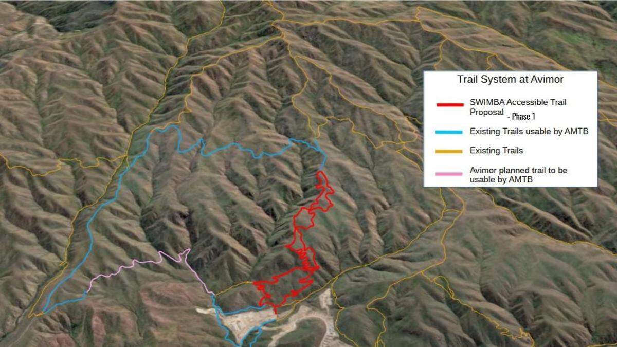 The 10-mile proposed trail, which has yet to be named, is shown in center in red, while the existing Bovine Nirvana mountain biking trail is shown in blue and pink at left. Various other existing trails are shown in yellow throughout the map.