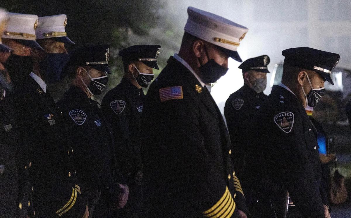 Members of the Boise Fire Department and Boise Police Department honor the lives of fallen first responders during a ceremony to remember the 9/11 attacks 20 years ago. The event was at the Idaho Fallen Firefighters Memorial, which includes a 10-foot beam from the World Trade Center.