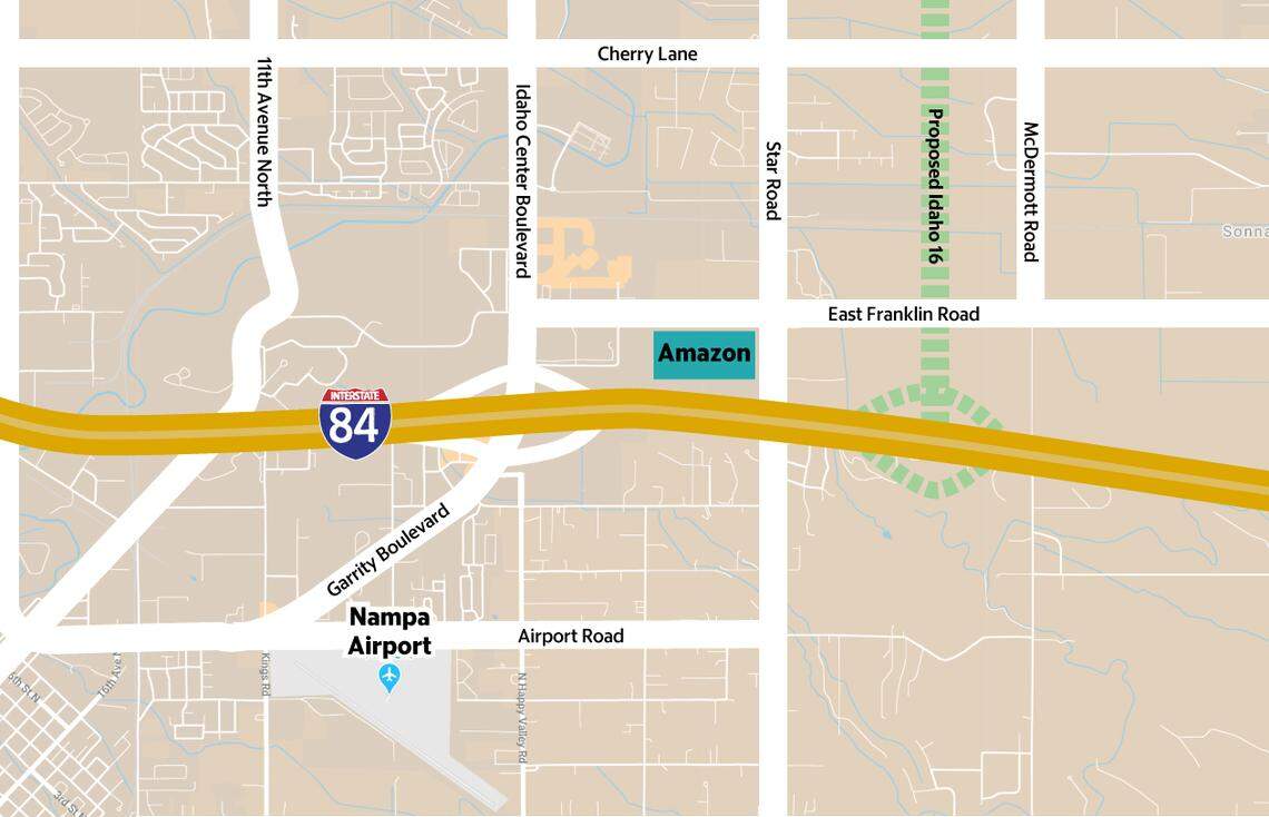 Amazon’s new fulfillment center in Nampa is under construction to the north of Interstate 84. Under a new bill proposed by House Majority Leader Mike Moyle, Amazon could front the costs for transportation improvements in the area, such as the proposed interchange at Highway 16 and I-84.