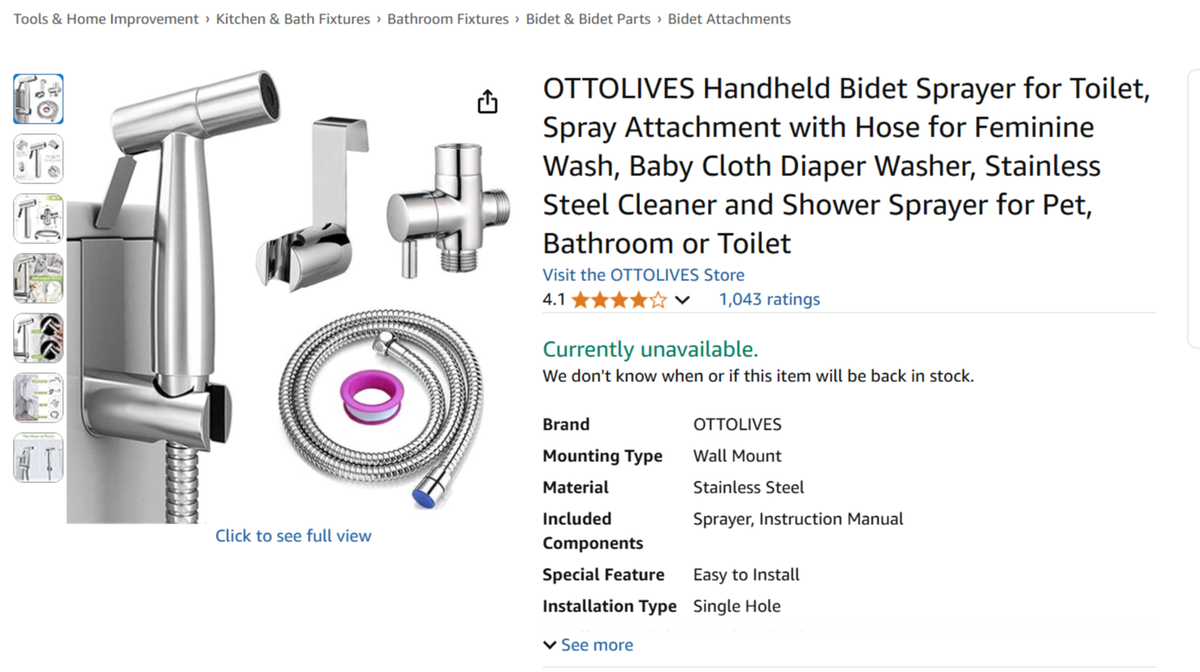 The Ottolives bidet sprayer on Amazon’s website.