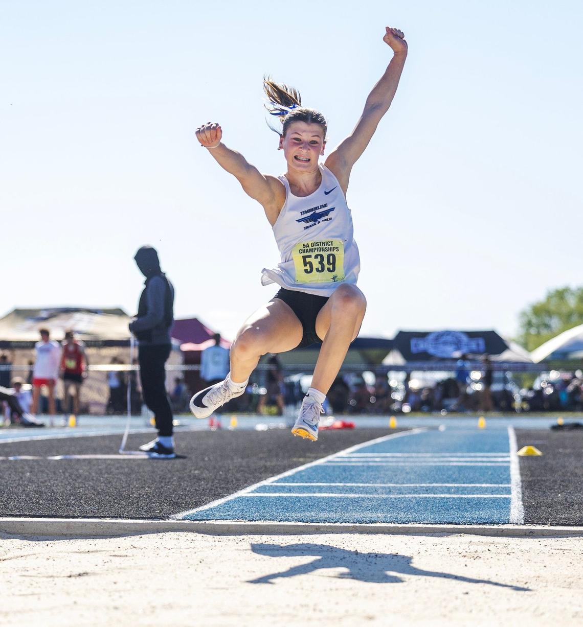 Timberline’s Nadja Burkholder competes in the girls triple jump at the 5A District Three Track and Field Championships held Friday at Middleton High School.