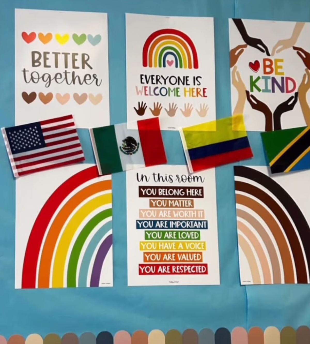 This bulletin board at Seven Oaks Elementary drew fire in January from an anonymous online account and a parental complaint. The district acted swiftly to remove the bulletin, then instructed school administrators across the district to take a second look at classroom displays. That’s when administrators found Inama’s “Everyone is welcome” poster.