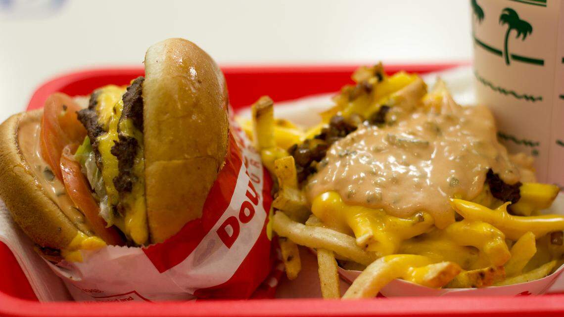 A Double-Double, fries and drink at In-N-Out Burger.