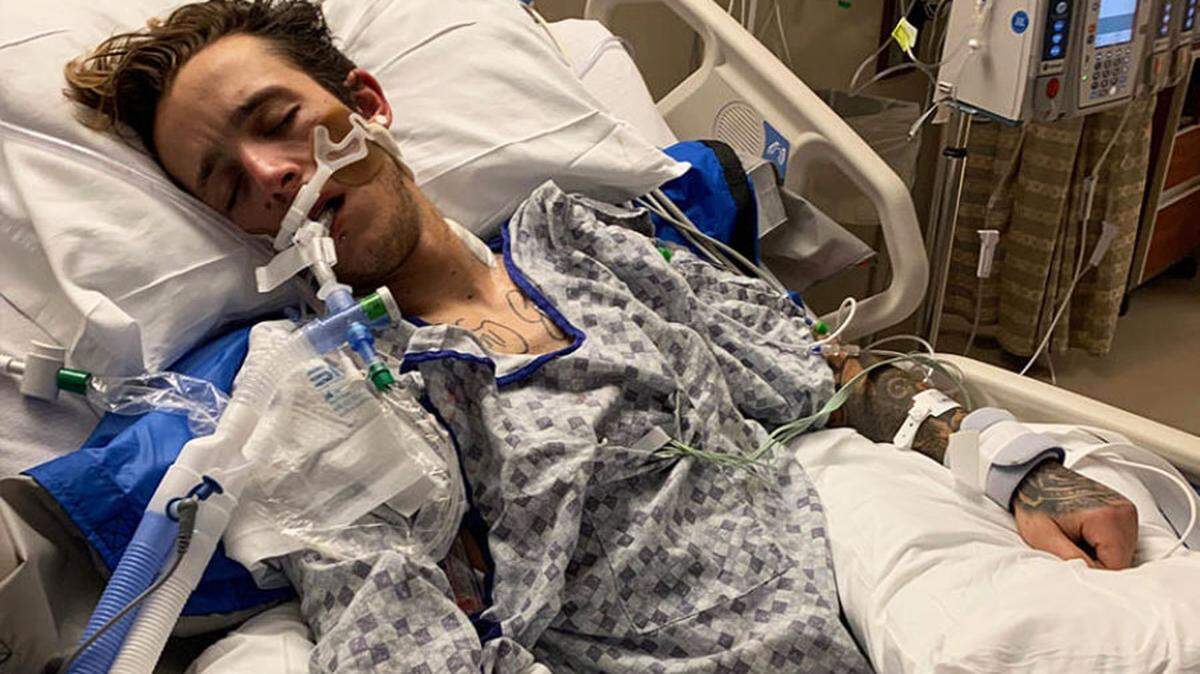 Jake Lee Sheeler in a hospital bed at Portneuf Medical Center in September 2020.