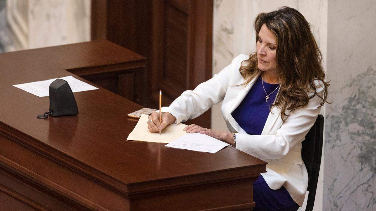Idaho Lt. Gov. Janice McGeachin presides over the Senate on March 16, 2022. After facing a shortfall, McGeachin balanced the lieutenant governor’s budget before the 2022 fiscal year ended Thursday.