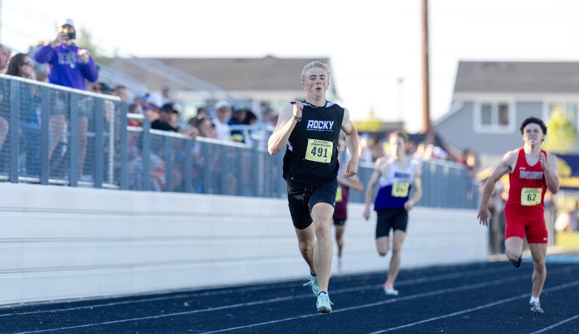 Rocky Mountain’s Braden Ankeny comes in first in the boys 400 meters at the 5A District Three Track and Field Championships held Friday at Middleton High School. He also won the 200 in a meet record.