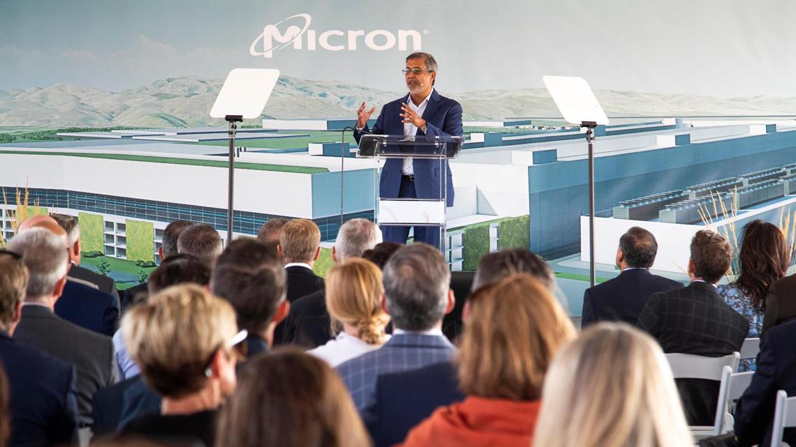 Micron President and CEO Sanjay Mehrotra welcomes dignitaries and celebrates a $15 billion plant, or fab, for memory manufacturing to be constructed at the company’s headquarters in Southeast Boise.
