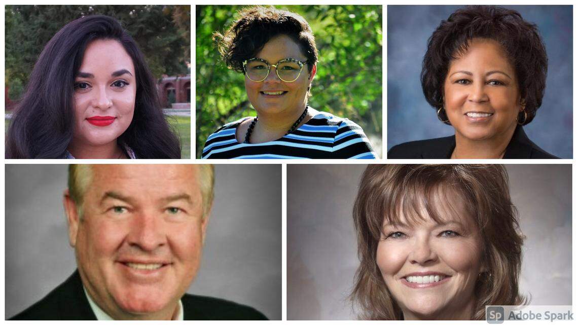 Samantha Guerrero, top left, April Baylon-Mendoza, center and Cherie Buckner-Webb, top right, are running for the College of Western Idaho’s board of trustees, along with incumbents Skip Smyser, bottom left and Mary Niland, bottom right.