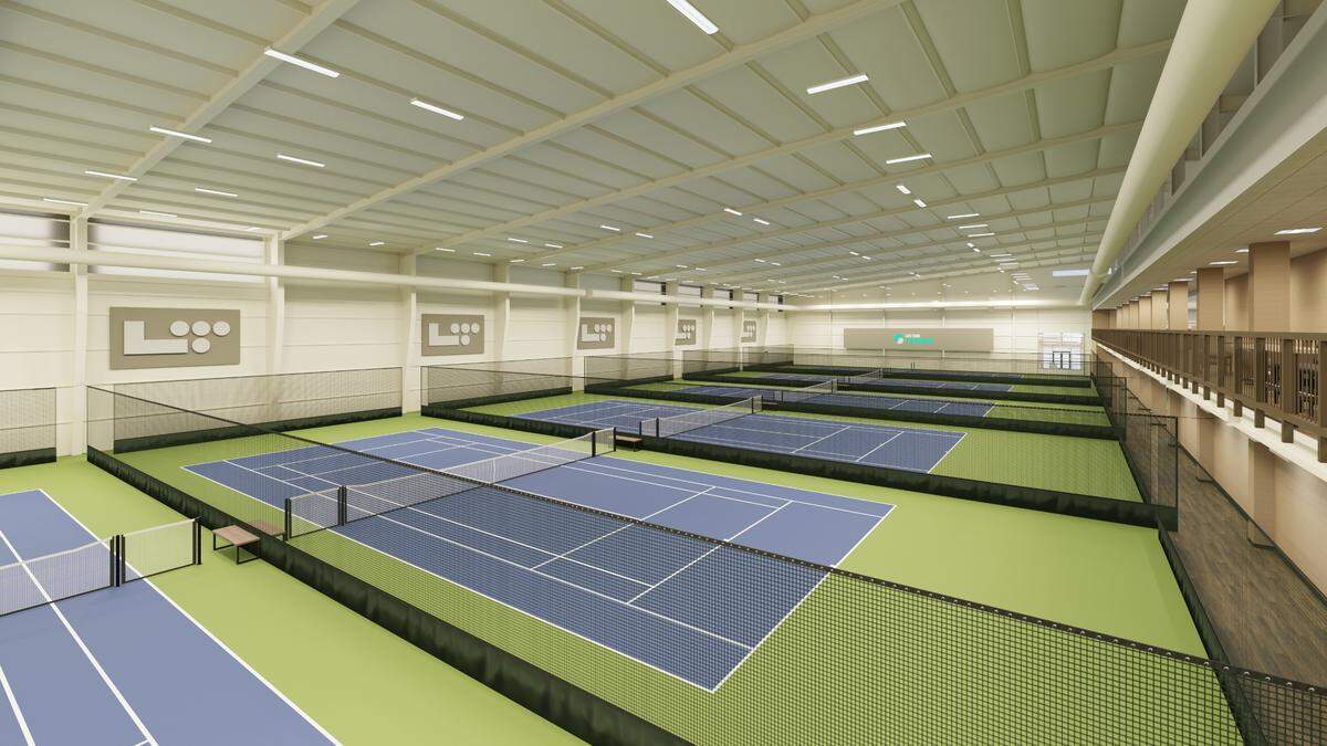 This rendering shows indoor tennis courts Life Time plans to open as part of if its first phase in May. The six tennis courts and nine pickleball courts would replace the 12 tennis courts previously operated by the Eagle Tennis Club.