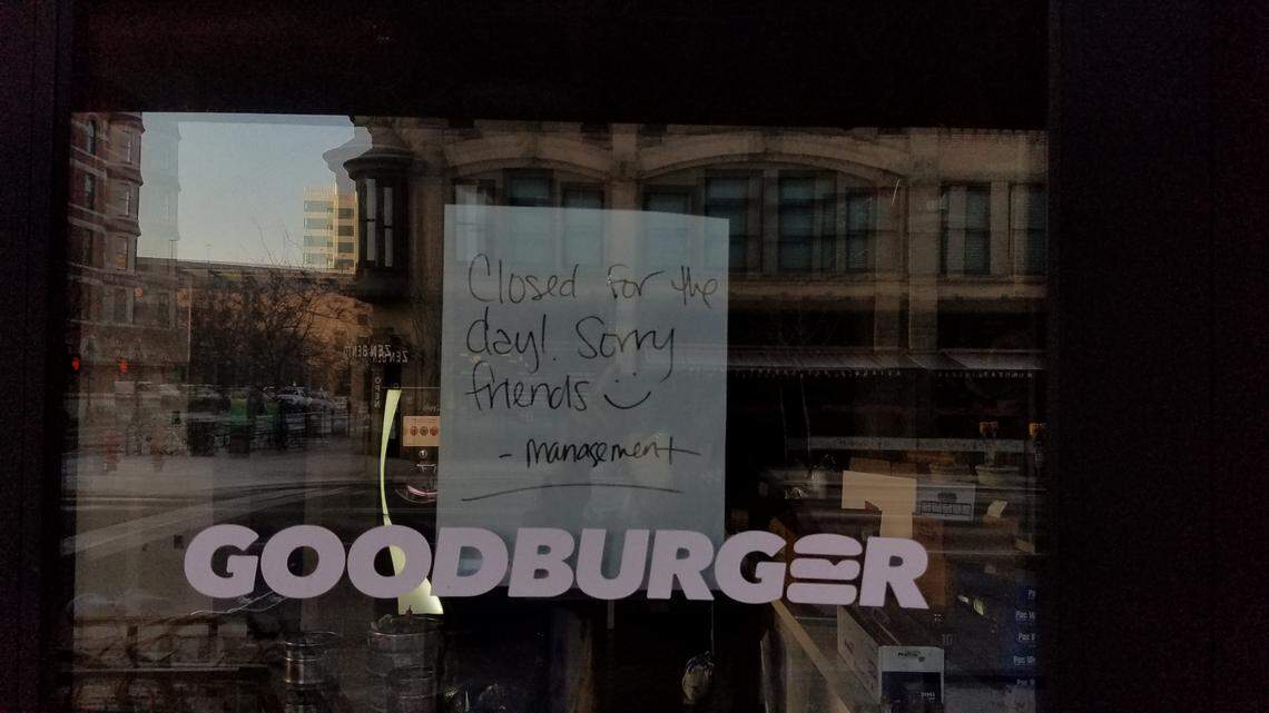 A sign on the door at Good Burger in the Kount building said it was “closed for the day.” The closure wound up permanent.