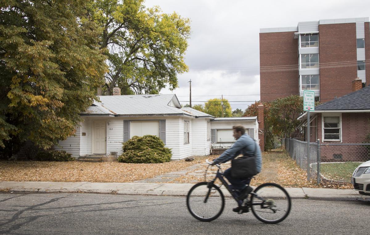 This white house, at 1812 W. Potter Drive, is one of the four Boise State-owned houses soon to be demolished. The brick house at right (with the Honors College behind it) is not part of the demolition plan, but the next two houses to the right at 1800 and 1714 W. Potter Drive are.