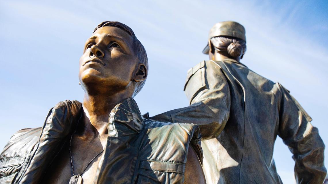 A new military-themed statue, by Idaho artist Benjamin Victor, was unveiled during a Memorial Day ceremony at the Idaho Veterans Cemetery on Saturday, May 29, 2021. The statue depicts two U.S. Armed Forces service members in postures of reverence.