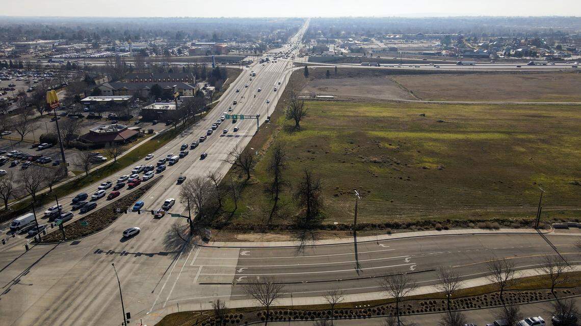 The Texas convenience store chain Buc-ee's is considerin building a travel center on this property northwest of the I-84/Meridian Road interchange. Meridian Road shown heading south, left, at its intersection with Waltman Lane, bottom. 