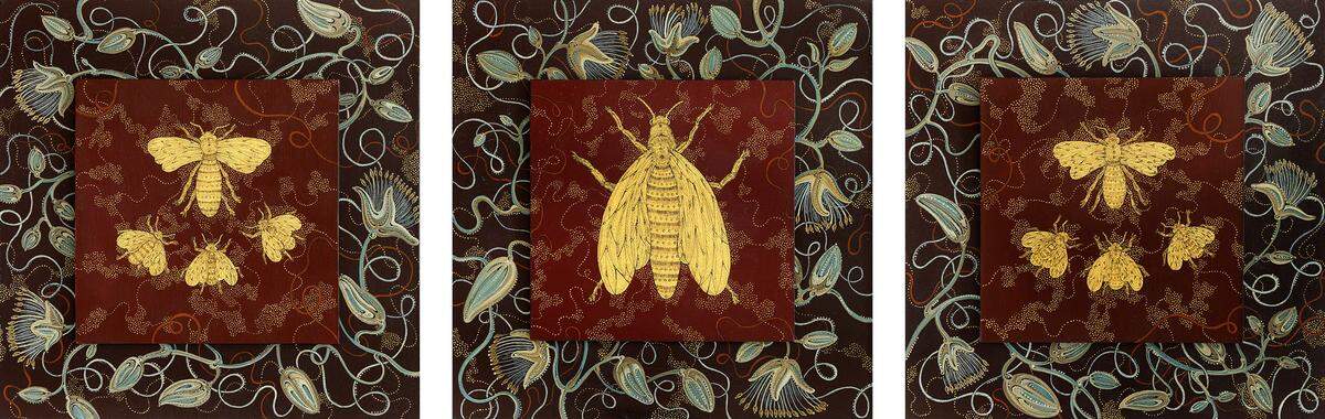 Stephanie Wilde’s “Queen of Drones,” ink, acrylic and gold leaf on museum board, is part of a tryptic for her series that explores climate change through the disappearing population of the Western Bee.